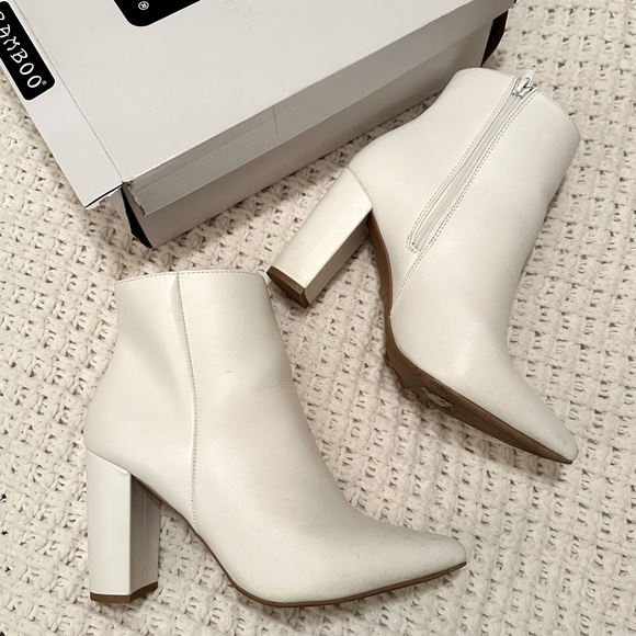 White Faux Leather Pointed Tow Booties - Picture 3 of 5